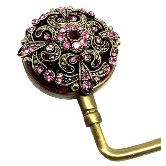 SPRING STREET PINK RHINESTONE PURSE HOOK HANDBAG HANGER TABLE HOLDER GOLD - Picture 3 of 4